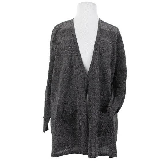 August Silk Cardigan Wrap Sz 3X Silver Charcoal Black Stripe Viscose Blend Cardi - Picture 1 of 15